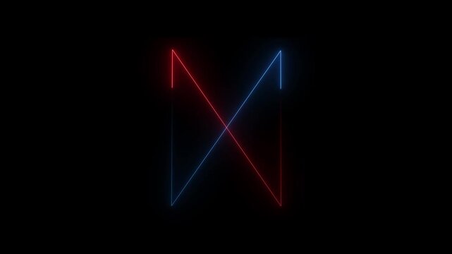 Abstract geometric letter m shape made of glowing blue and red neon light lines on a dark black background