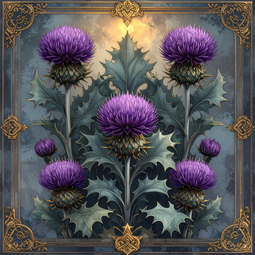 Art Nouveau thistle wallpaper design repeating with spiky leaves creating an elegant luxurious warm mystical aesthetic generative AI