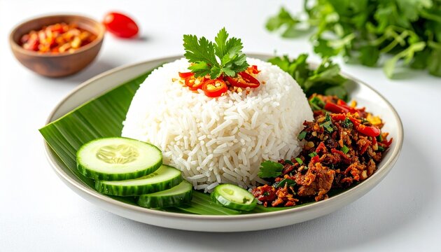 Nasi Ulam with fresh herbs served on a white background, authentic Malaysian dish, clean composition
