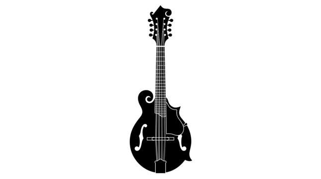 Black and white illustration of a classic mandolin stringed musical instrument.