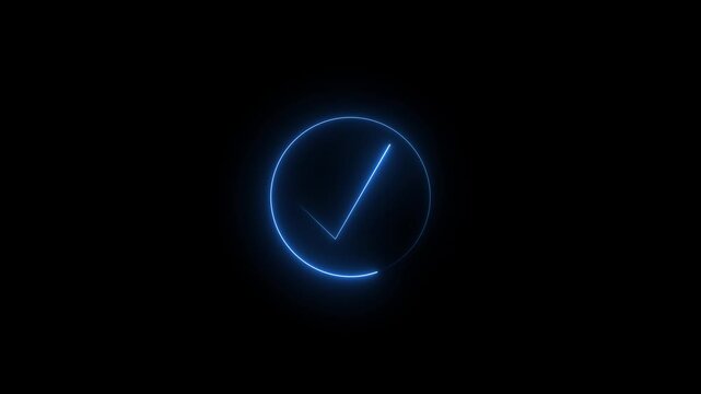 Glowing blue neon check mark icon inside a circle shape on a dark background representing success and approval