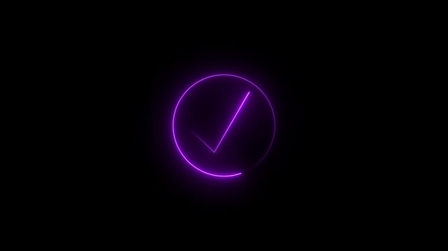 Glowing purple neon check mark inside a circle isolated on black background for digital user interface design and web button symbols representing success approval correct choice and positive action