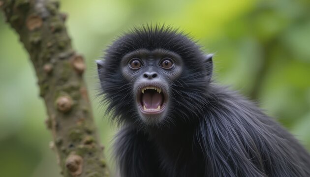 A close-up shot of a Black-headed Spider Monkey (Ateles fusciceps robustus), wide eyes, and an open mouth, revealing its teeth, set against a blurred green background, AI generated