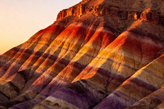 Layered rock formations with vibrant hues of red, orange, and purple illuminated by sunset light