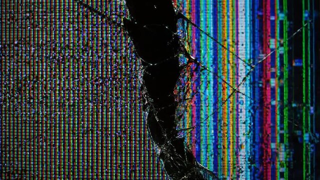 Broken tablet display with glitched RGB pixel grid