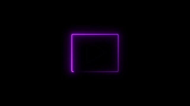 Glowing purple neon play button icon with a square border shape isolated on a dark black background
