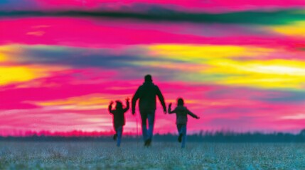 Fototapeta premium Dark silhouettes of a family running through a field under a vivid electric pink sunset, for lifestyle and outdoor happiness concepts