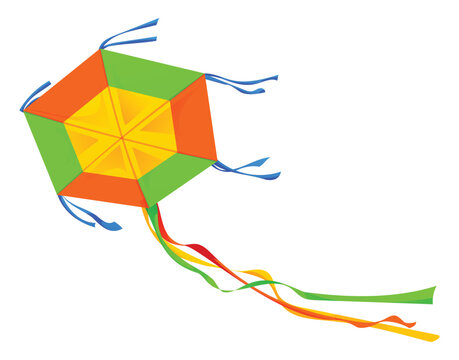 Hexagonal colorful kite with ribbons flying high against wind. Vector cartoon illustration. Isolated on white background