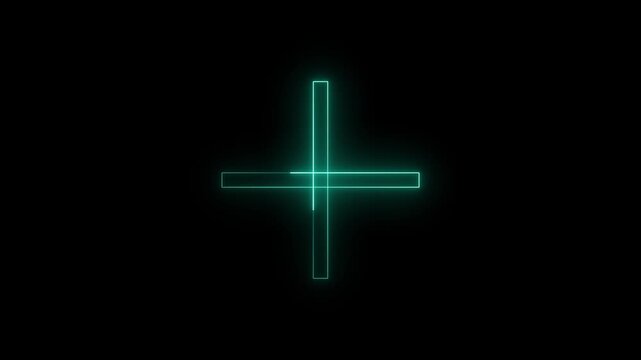 Glowing cyan neon plus sign symbol with a vibrant electric light effect isolated on a solid dark black background for modern digital interface design and technology user interface elements