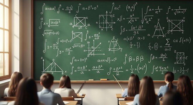 Students sitting at desks while watching a large green chalkboard filled with complex mathematical equations and geometric figures during an academic lecture inside a typical school classroom