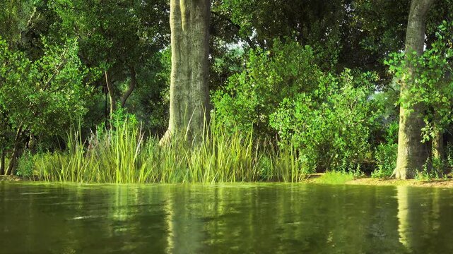 Calm lakeside reed edge with reflections, still water mirroring tree trunks and foliage, gentle ripples, rich green vegetation, wetland atmosphere suited