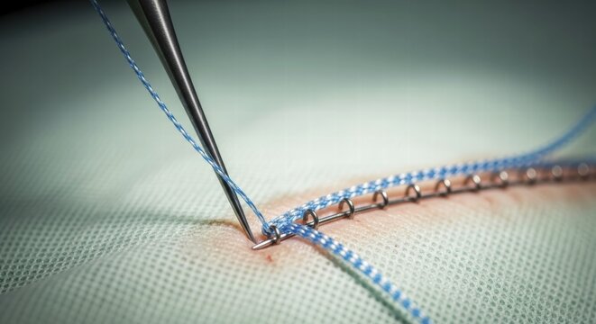 A macro view captures a surgical needle threading blue suture material through tissue, with surgical staples visible in the background, AI generated