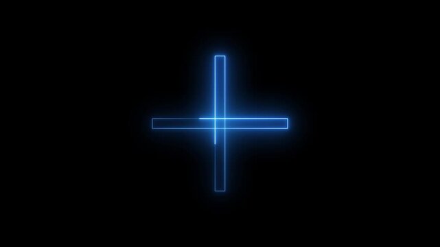 Glowing blue neon plus sign symbol shining with bright light on a dark black background representing a medical cross or a simple mathematical addition icon for modern digital interface design