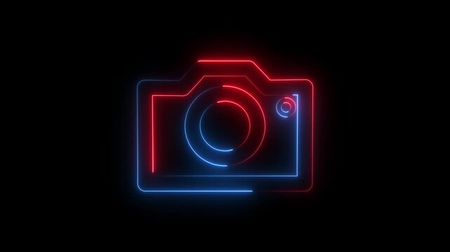 Glowing red and blue neon light camera icon shape isolated on a dark black background representing digital photography technology and multimedia art design element for creative modern web graphics