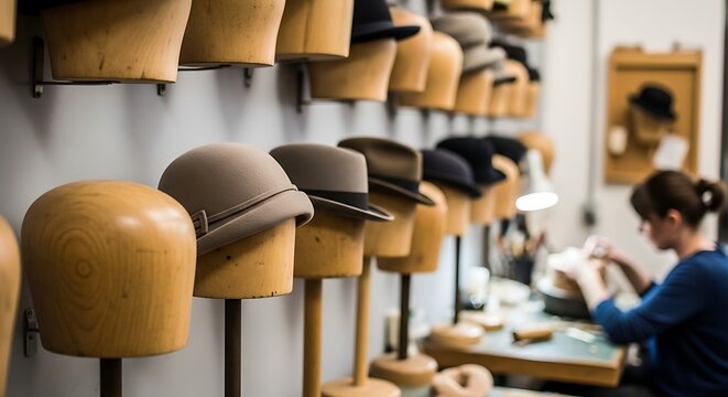 A skilled artisan carefully works in a traditional millinery shop while rows of various custom headwear sit on wooden blocks waiting for completion during the crafting process in a vintage