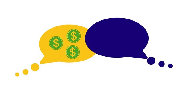 Animated video of two speech bubbles with a gear and a coin inside. A chat concept featuring speech bubbles about work, business, and education in a single-line style.