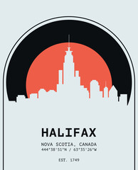 Fototapeta premium Halifax skyline retro poster with silhouette, vintage city travel Canada Nova Scotia graphics. Minimalist industrial mid-century sunset design layout for vinyl covers, postcards, guide books