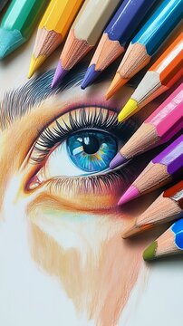 Close-up of woman's eye with vibrant makeup and colorful brushes. Artistic beauty application using professional cosmetic tools for flawless eyelin...