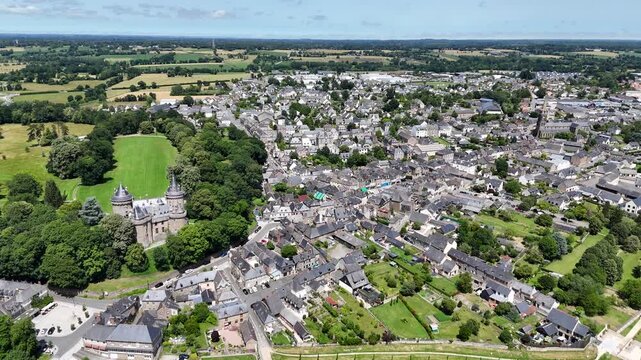 Establishing aerial shot Comburgh town in Brittany France