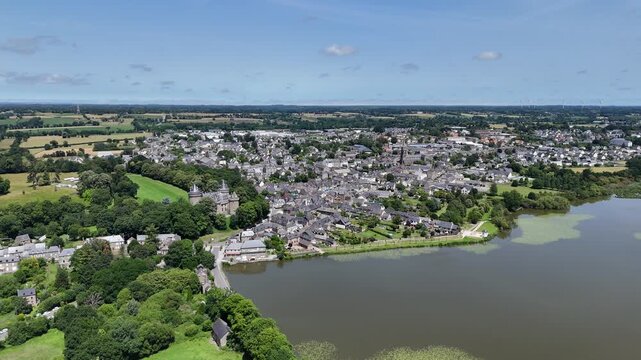 Panning drone aerial right to left Comburgh town iBrittany France drone aerial