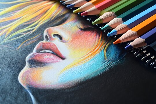 Woman's face drawn with colored pencils. Portrait artwork with vibrant crayons.