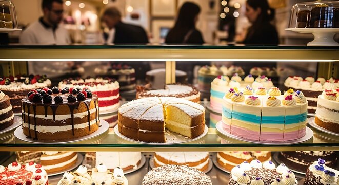 People browsing variety of delicious layered sponge cakes inside a bakery shop display case during daylight hours while workers wait on customers seeking sweet treats for celebrations and events