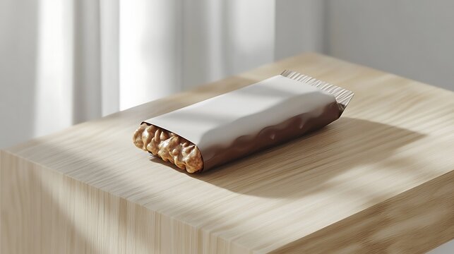 Wrapped granola bar on wooden table. Healthy snack ready to eat.