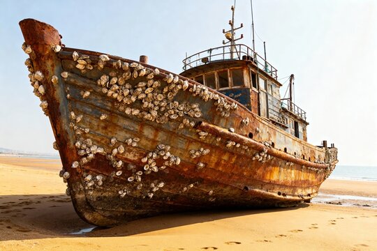 Rusty abandoned boat covered in barnacles rests on a sandy beach near the ocean
