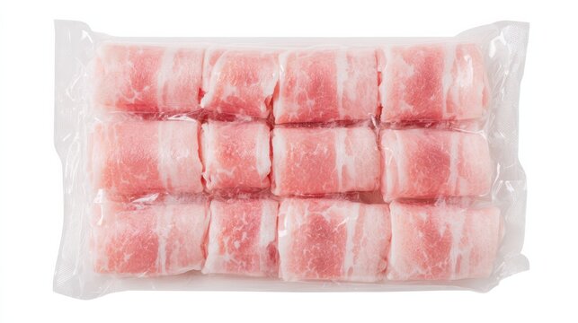 Sliced Pork Frozen raw meat cubes vacuum-sealed in clear plastic packaging, arranged in a grid pattern on a white background.