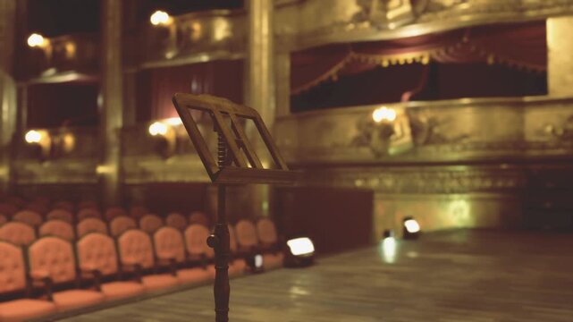 Music stand awaiting conductor, empty hall stretches with layered balconies and red chairs, ambient glow from footlights, polished stage floor reflecting golden