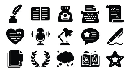 Collection of writing and creativity icons including a quill, ink, typewriter, microphone, and books. © yuanita