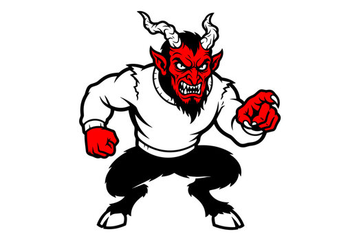 Aggressive red devil mascot character pointing finger