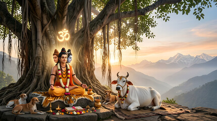 Guru Purnima celebration Lord Dattatreya Himalayan sunrise divine wisdom devotional illustration poster design © Shital Jadhav