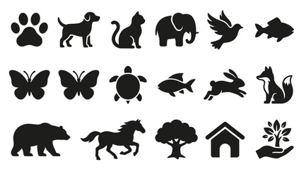 Obraz premium Collection of black animal and nature silhouette icons including a paw print, dog, cat, elephant, bird, fish, butterfly, turtle, rabbit, fox, bear, horse, tree, house, and a hand holding a plant.