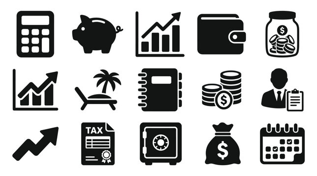 Collection of financial and business icons representing savings, investment, and wealth management.