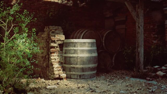 Dusty barrel under timber rafters, France relic interior collapsed plaster, scattered stones, deep shadows and intimate rustic mood for vintage hospitality