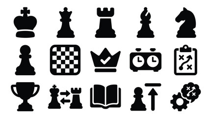 Collection of black chess icons representing strategy, competition, and victory in a game. © yuanita