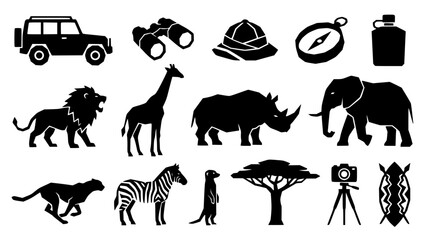 African Safari Icons in Silhouette with Wildlife and Expedition Gear Set © Md