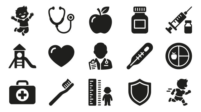 Collection of medical and health icons representing children's well-being and healthcare services.