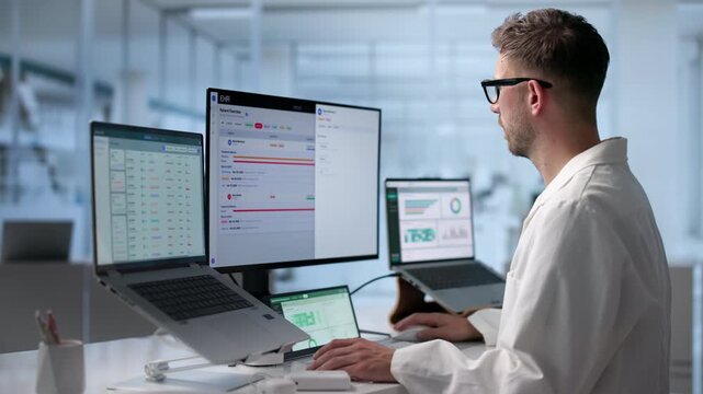 Young Male Doctor Reviewing Patient Records On Laptop