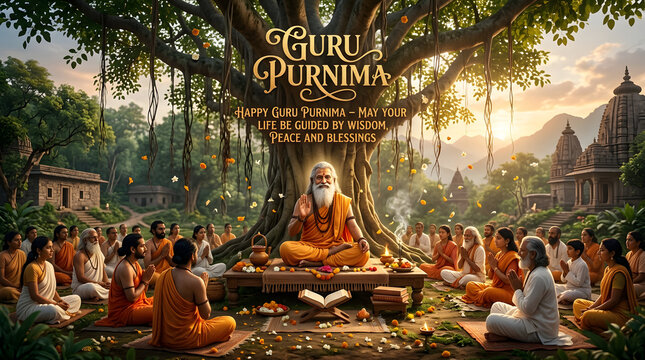 Guru Purnima celebration guru teaching disciples beneath banyan tree spiritual wisdom devotional poster design