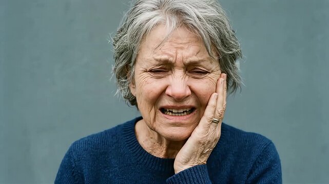 A close-up of an elderly woman clutching her cheek, her face contorted in pain from a toothache, tears welling up in her eyes.