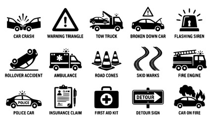 Collection of automotive emergency and accident icons in black silhouette vector style © Md