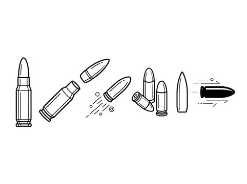 Bullet vector set of firearm ammunition and flying projectiles