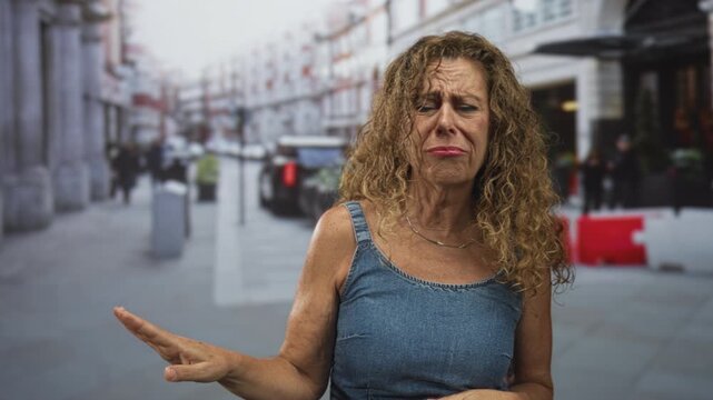 Woman showing palm raised in a stop gesture on a busy city street, wearing a denim tank top and frowning with furrowed brow; annoyance refusal.