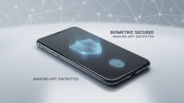 Smartphone displays a glowing digital shield icon representing secure mobile banking and biometric identity verification protocols.