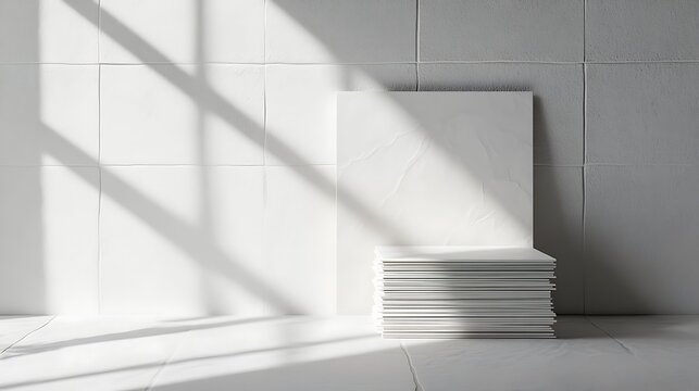 Stack of white papers on a windowsill. Pile of blank sheets near a sunny wall.
