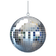 Obraz premium Glossy silver 3d Disco Ball, isolated on background for vibrant party decoration, 3D render