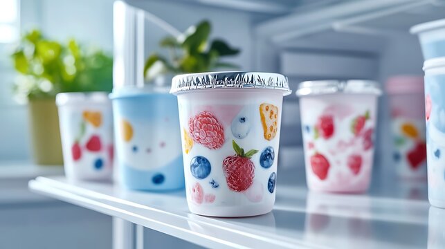 Colorful yogurt cups in refrigerator. Frozen dessert containers on shelf.