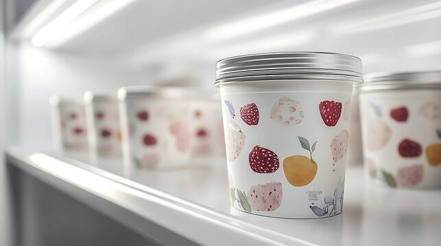 Colorful tin cans on a shelf. Decorative containers with fruit designs.